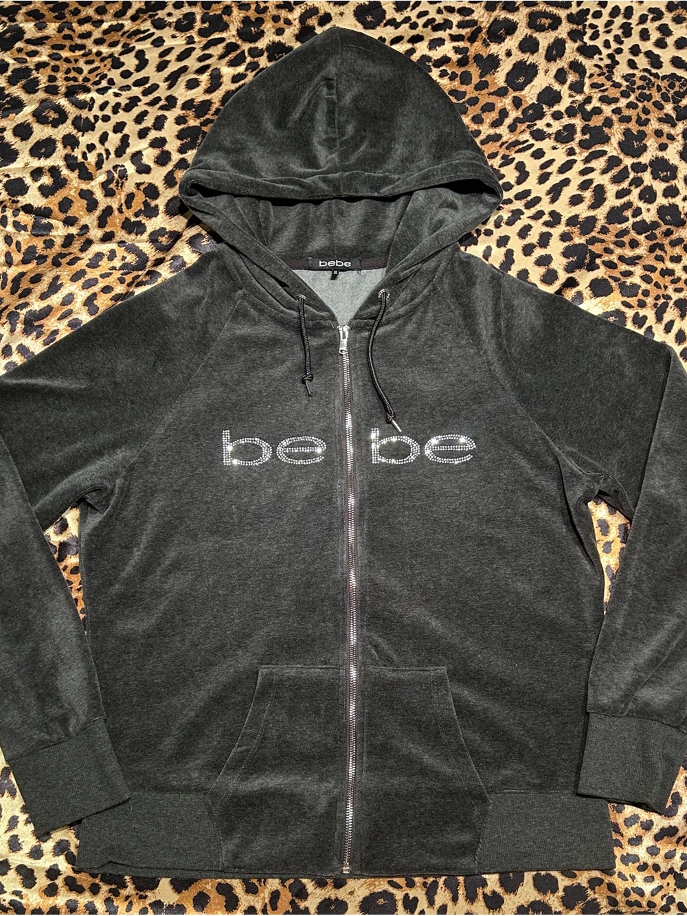 Bebe Charcoal Grey Velour Rhinestoned Full Zip Hoodie